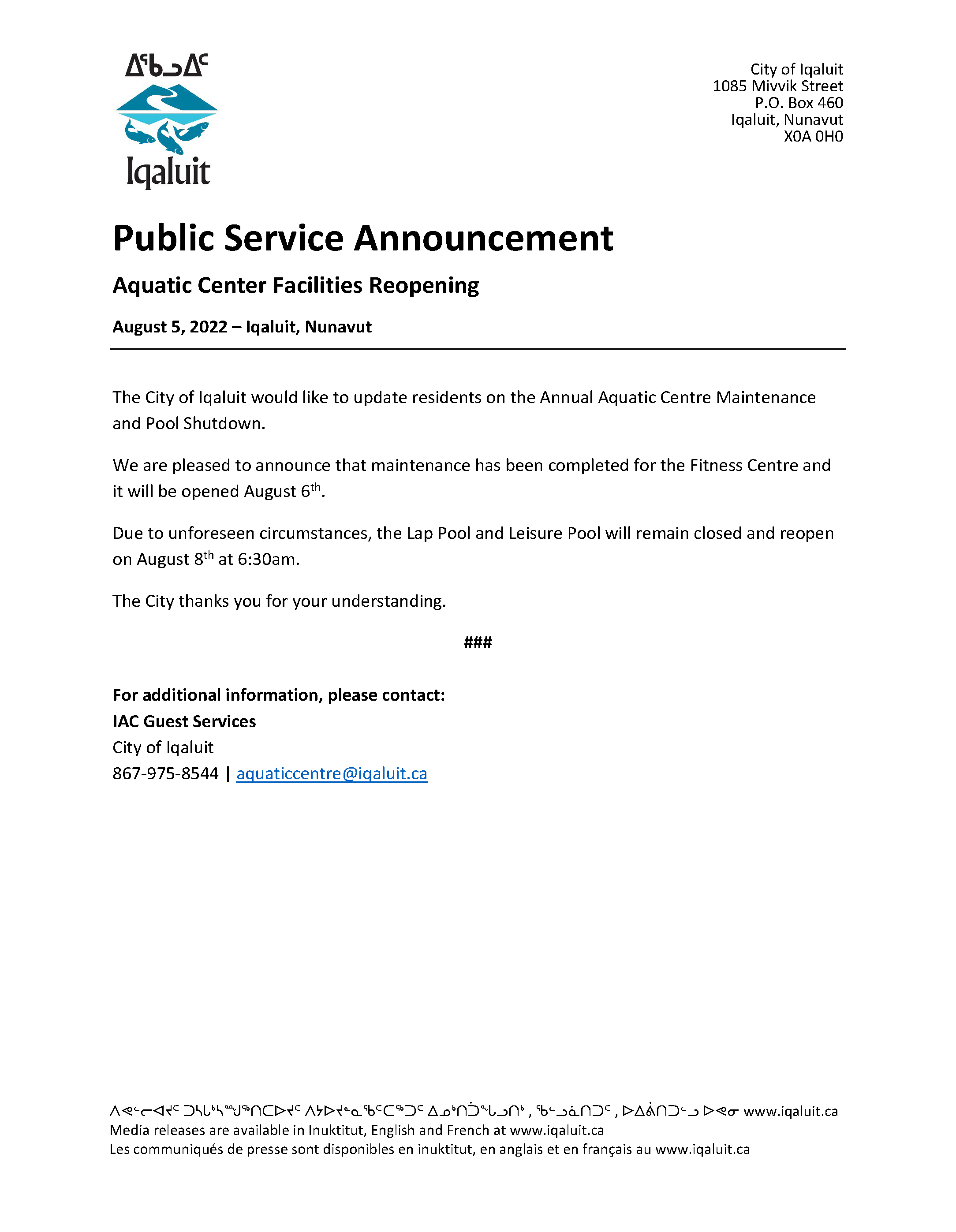 Aquatic Center Facilities Reopening | City of Iqaluit
