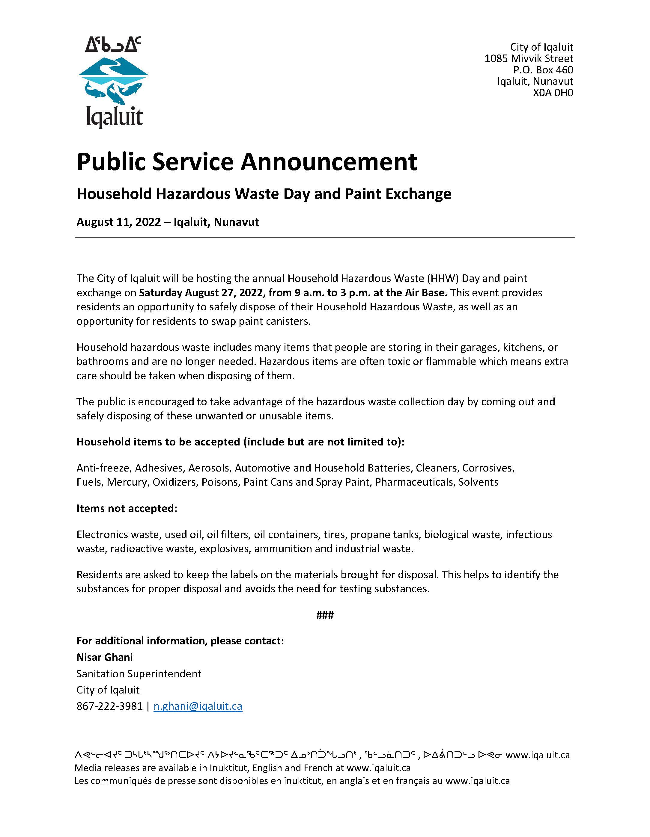 Household Hazardous Waste Day and Paint Exchange | City of Iqaluit